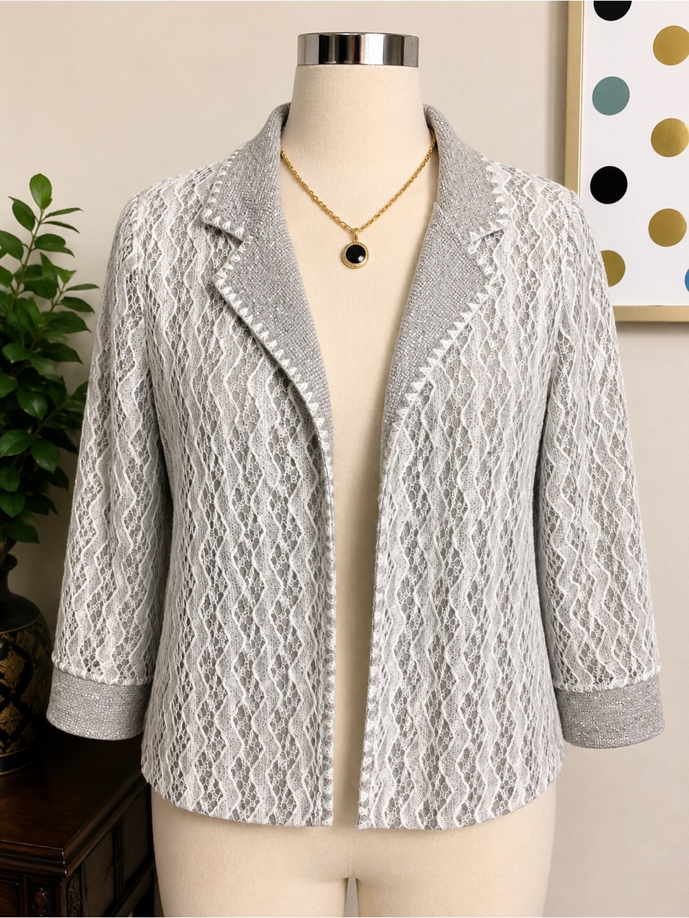Alfred Dunner Gray & White Lace Open Front Cardigan Jacket